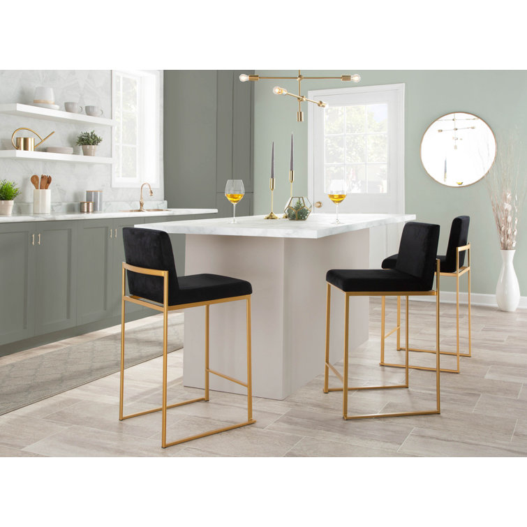 Fuji Gold Steel and Black Velvet High Back Counter Stool - Set of 2