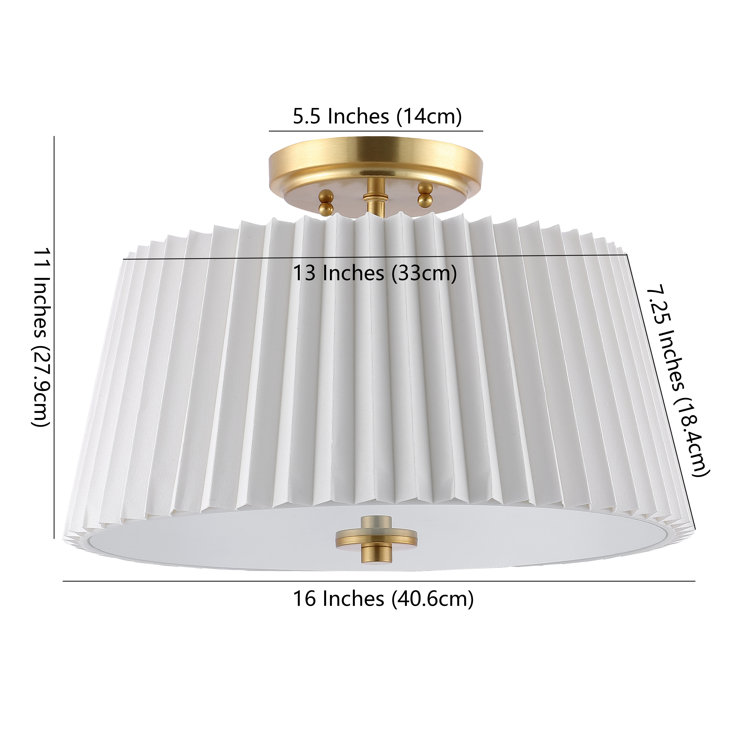 White Pleated Fabric Drum Flush Mount with Brass Gold Accents