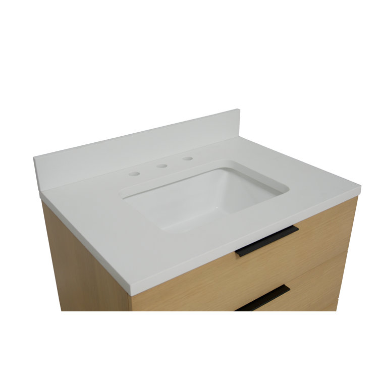 Blonde Wood 30'' Single Wall-Mount Bathroom Vanity with Matte White Top