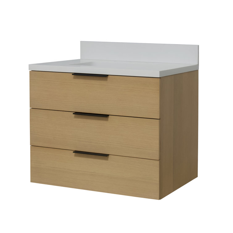 Blonde Wood 30'' Single Wall-Mount Bathroom Vanity with Matte White Top