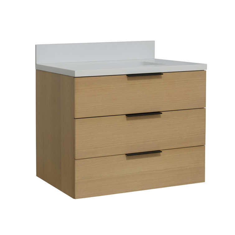 Blonde Wood 30'' Single Wall-Mount Bathroom Vanity with Matte White Top