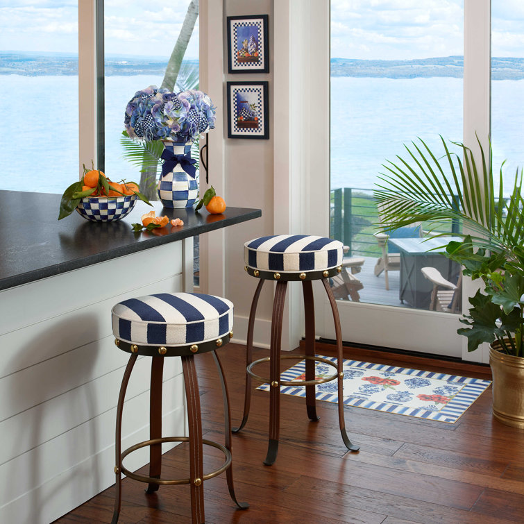 Navy Flatiron Leather-Wrapped Metal Counter Stool with Brass Details