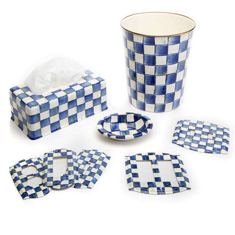 Royal Check 8"x9.5" Hand-Painted Blue Stainless Steel Waste Bin