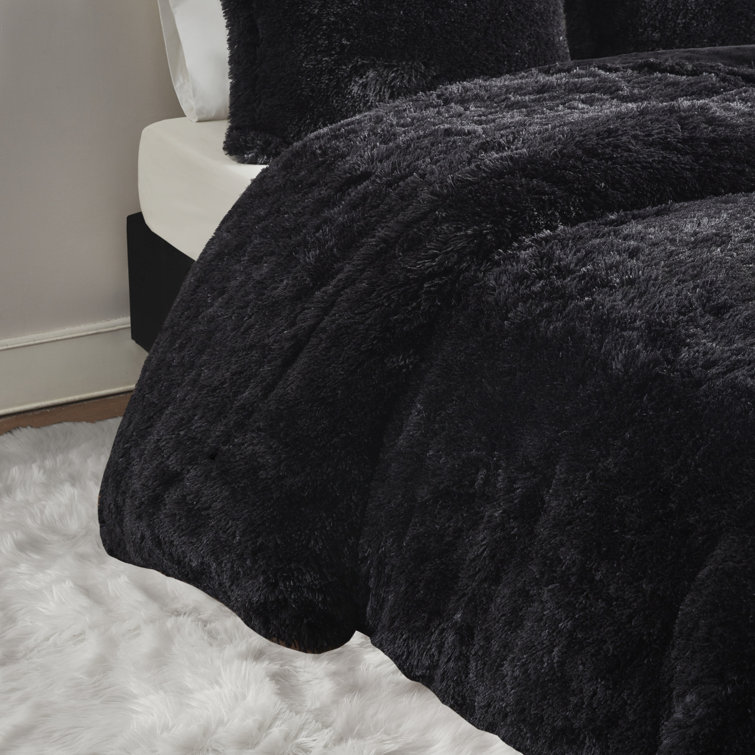 King Black Shaggy Faux Fur Duvet Cover Set