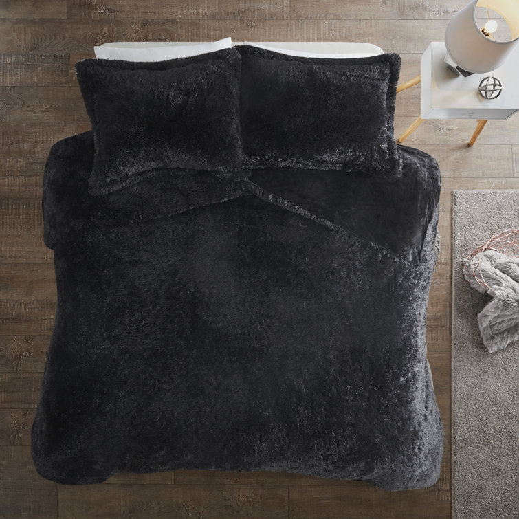 King Black Shaggy Faux Fur Duvet Cover Set