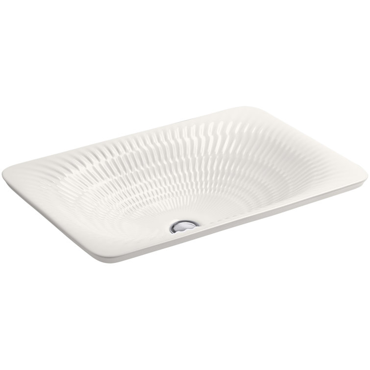 Translucent White Rectangular Ceramic Vessel Sink with Carved Texture