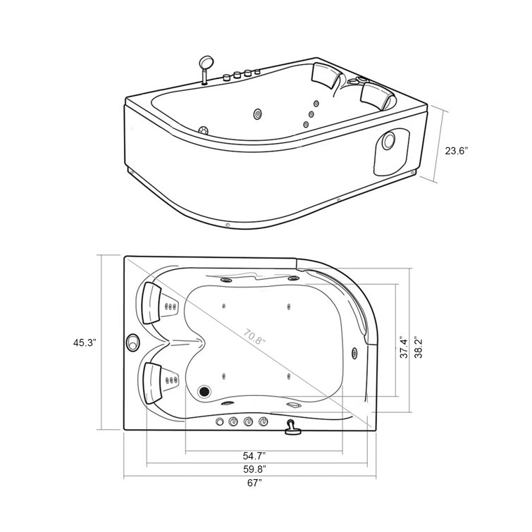 White Acrylic Corner Whirlpool Bathtub with 15 Jets