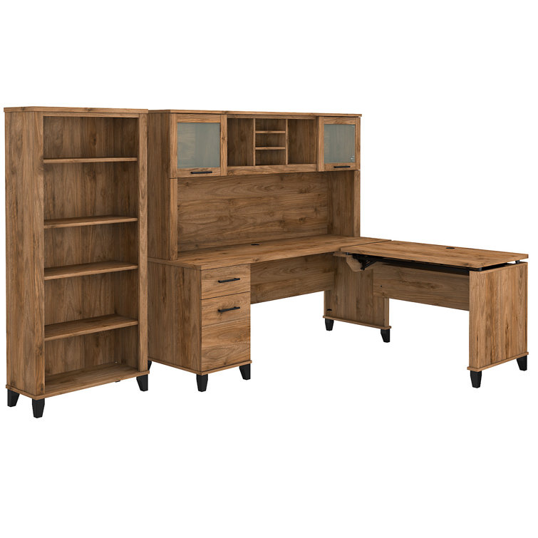 Fresh Walnut 72" L-Shaped Sit-Stand Desk with Hutch and File Cabinet