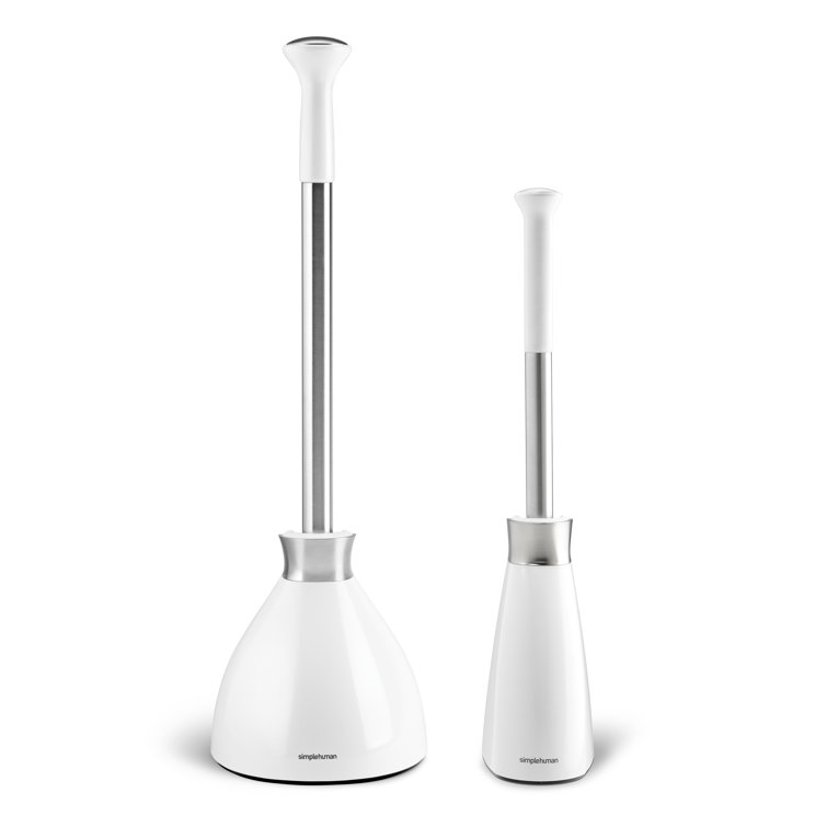 White Steel Toilet Plunger and Brush Set with Magnetic Caddy