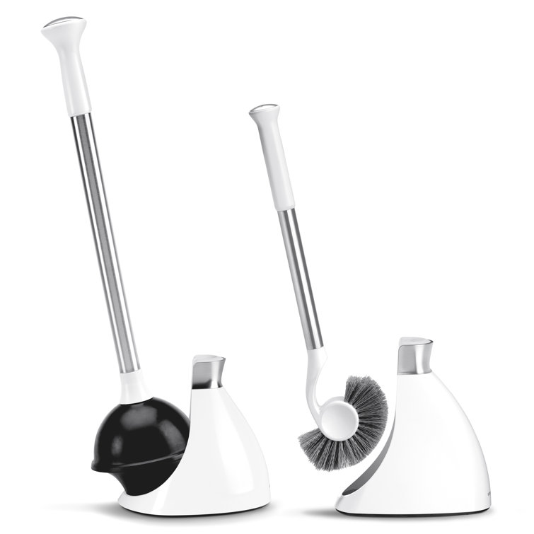 White Steel Toilet Plunger and Brush Set with Magnetic Caddy