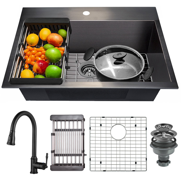 Gunmetal Matte Black Stainless Steel Single Bowl Kitchen Sink with Pull-Down Faucet