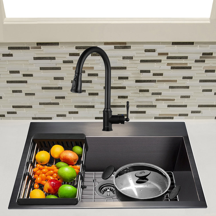 Gunmetal Matte Black Stainless Steel Single Bowl Kitchen Sink with Pull-Down Faucet