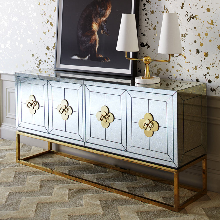 Antiqued Mirror and Brass Four-Door Credenza