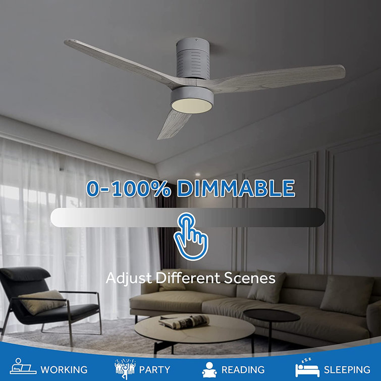 Silver Gray 52'' Solid Wood 3-Blade LED Ceiling Fan with Remote