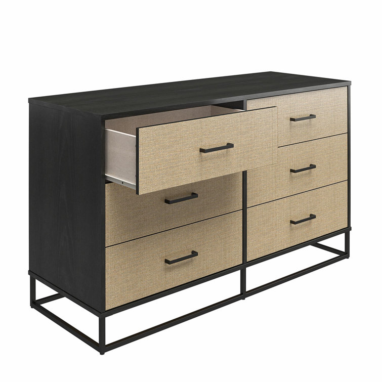 Coastal Black Oak & Faux Rattan 6-Drawer Dresser