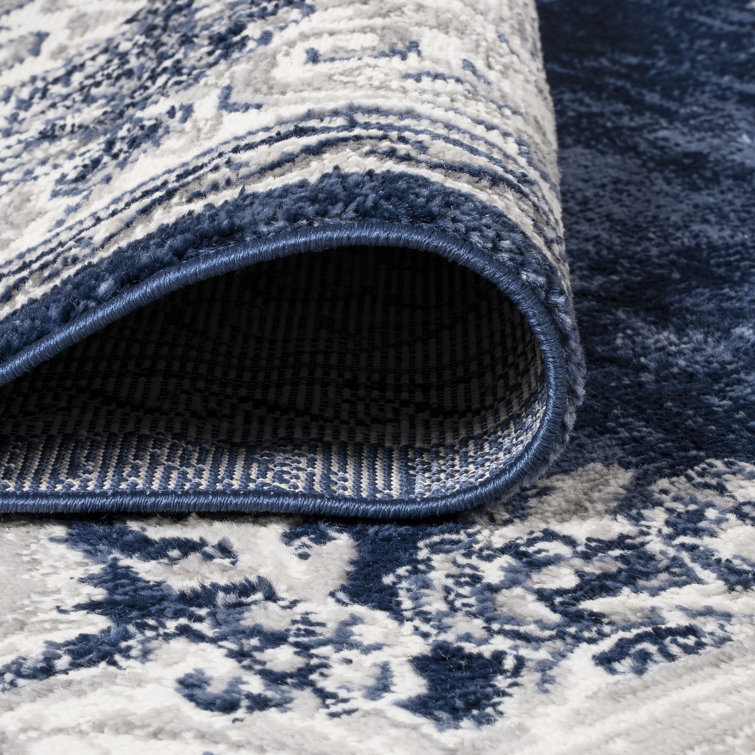 Ivory and Navy Rectangular Synthetic Medallion Rug 36'' x 60''