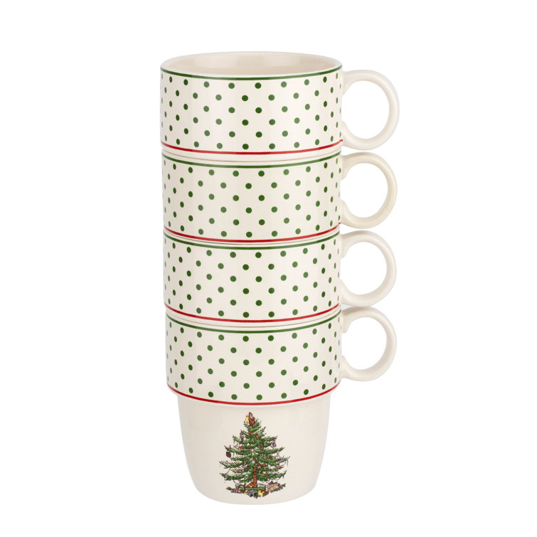 Festive White Ceramic Christmas Tree Stackable Mugs, Set of 4