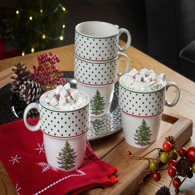 Festive White Ceramic Christmas Tree Stackable Mugs, Set of 4