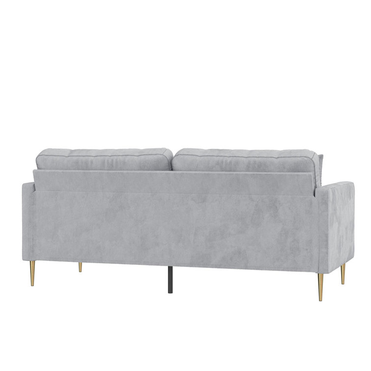 Chic Gray Velvet Sofa with Gold Metal Legs and Accent Pillows
