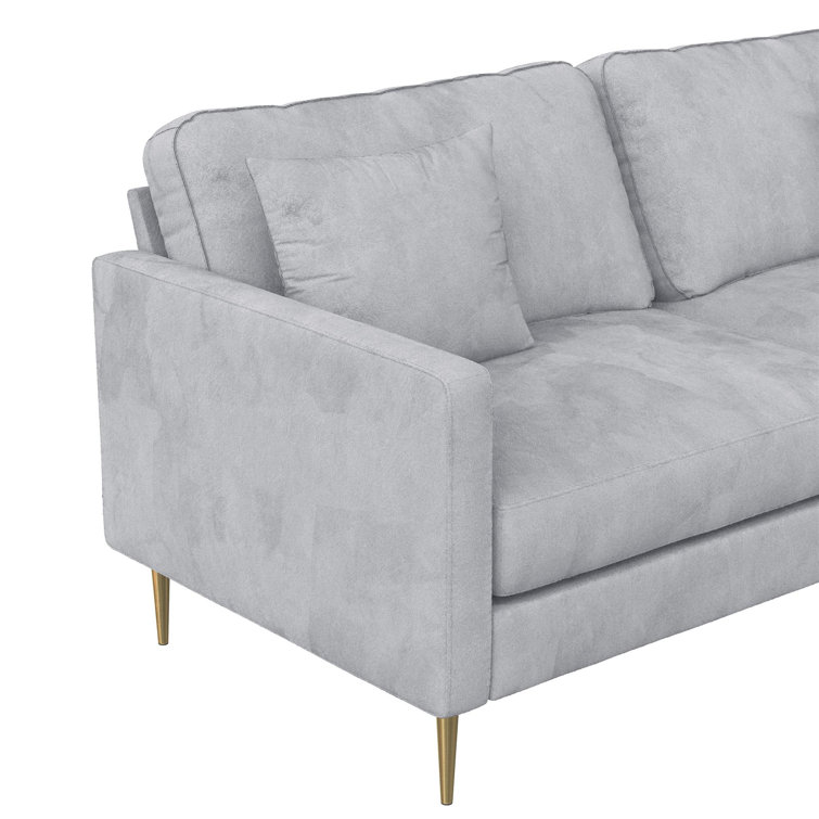 Chic Gray Velvet Sofa with Gold Metal Legs and Accent Pillows