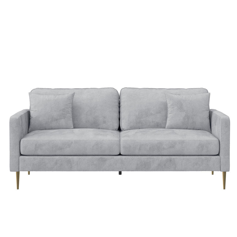 Chic Gray Velvet Sofa with Gold Metal Legs and Accent Pillows