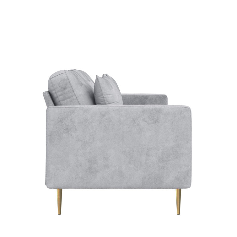 Chic Gray Velvet Sofa with Gold Metal Legs and Accent Pillows