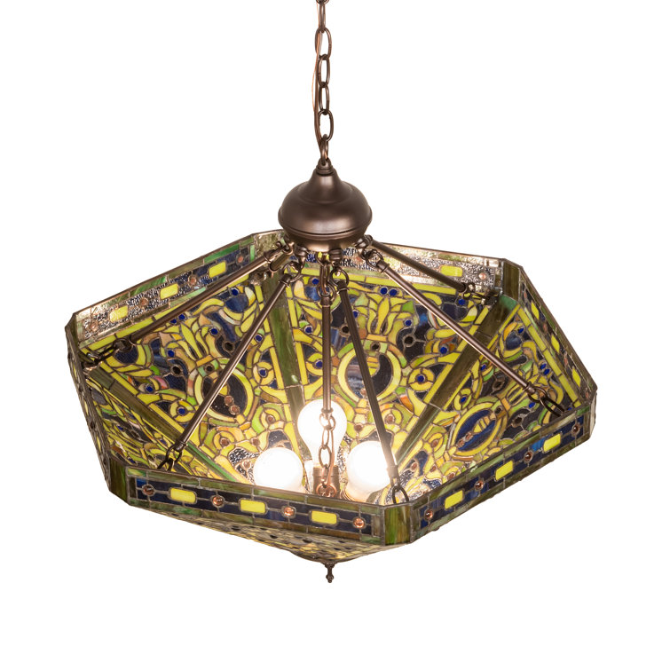 26" Multicolor Glass and Bronze 3-Light Globe Pendant