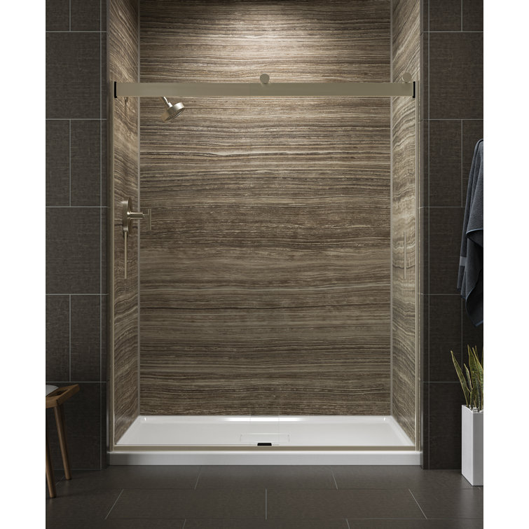 Levity 74" Frameless Sliding Shower Door in Clear Glass with Anodized Brushed Bronze Frame