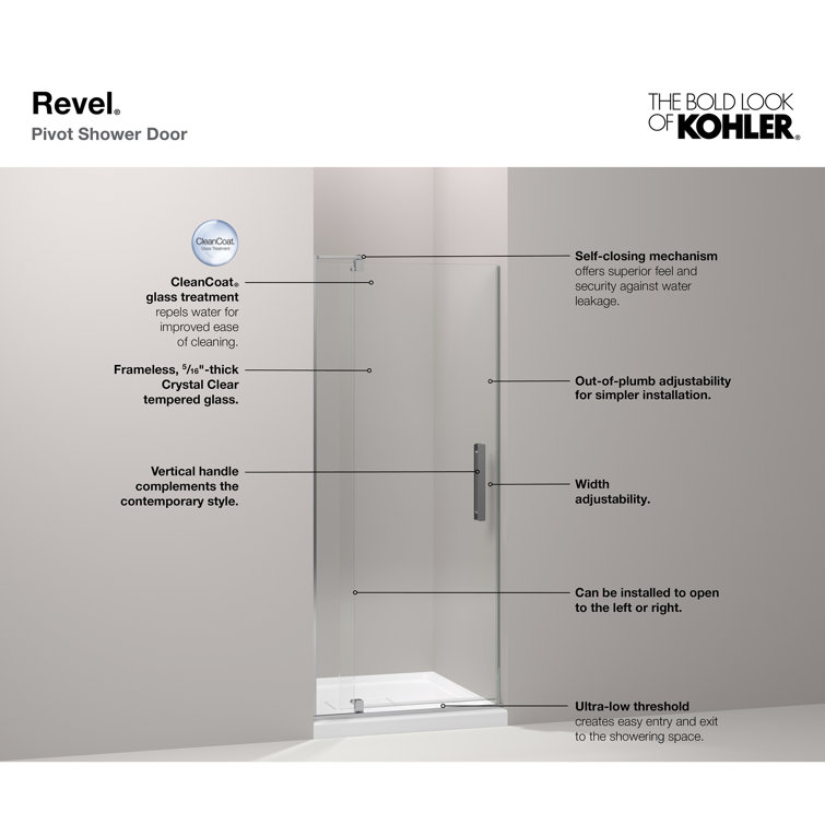 Revel 48'' x 70'' Frameless Pivot Shower Door in Bright Polished Silver