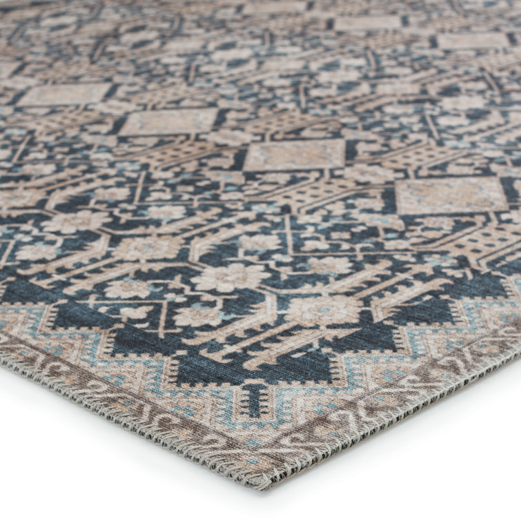 Keyara Vintage Trellis 6' x 9' Dark Blue and Tan Washable Area Rug