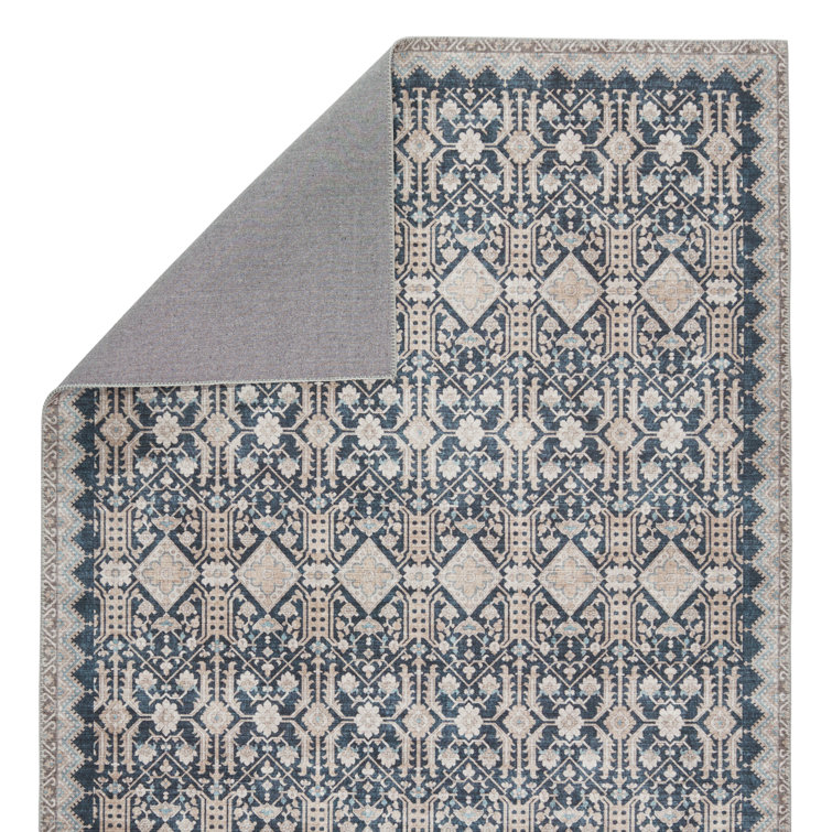Keyara Vintage Trellis 6' x 9' Dark Blue and Tan Washable Area Rug