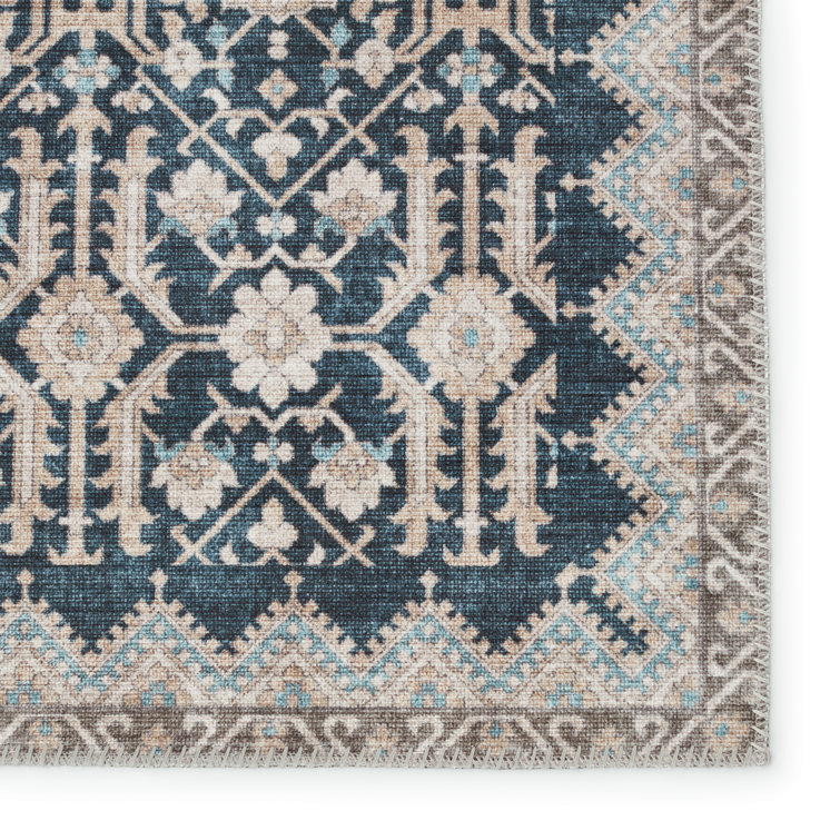 Keyara Vintage Trellis 6' x 9' Dark Blue and Tan Washable Area Rug