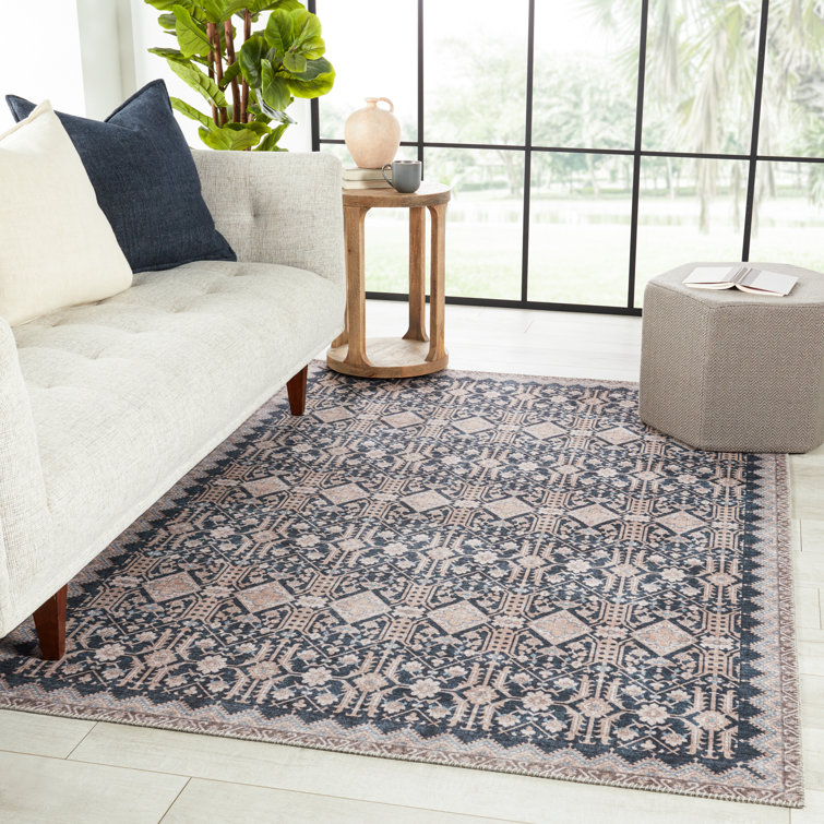 Keyara Vintage Trellis 6' x 9' Dark Blue and Tan Washable Area Rug