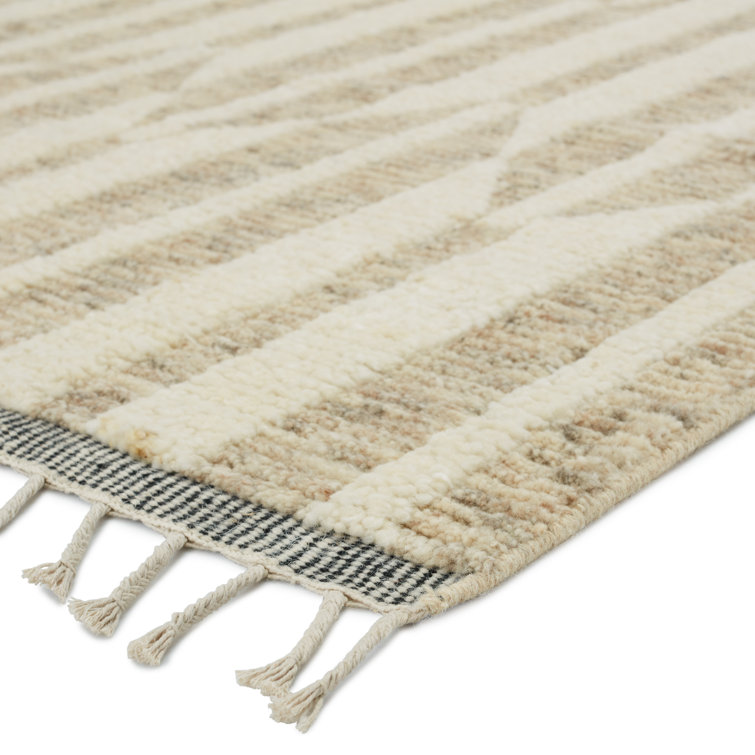 Ivory and Beige Geometric Wool Hand-knotted Rug 10' x 14'