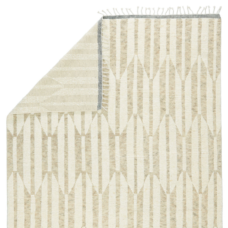 Ivory and Beige Geometric Wool Hand-knotted Rug 10' x 14'