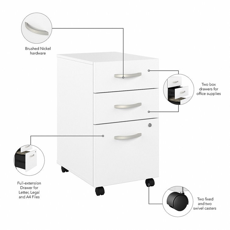 White 3-Drawer Mobile Lockable Filing Cabinet with Brushed Nickel Pulls