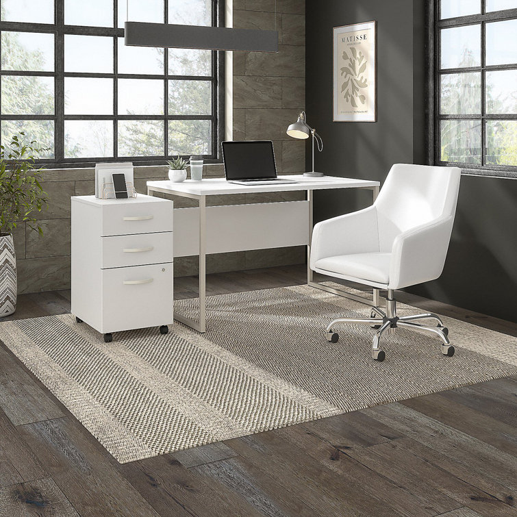 Contemporary White Corner Home Office Desk with Drawer and Filing Cabinet