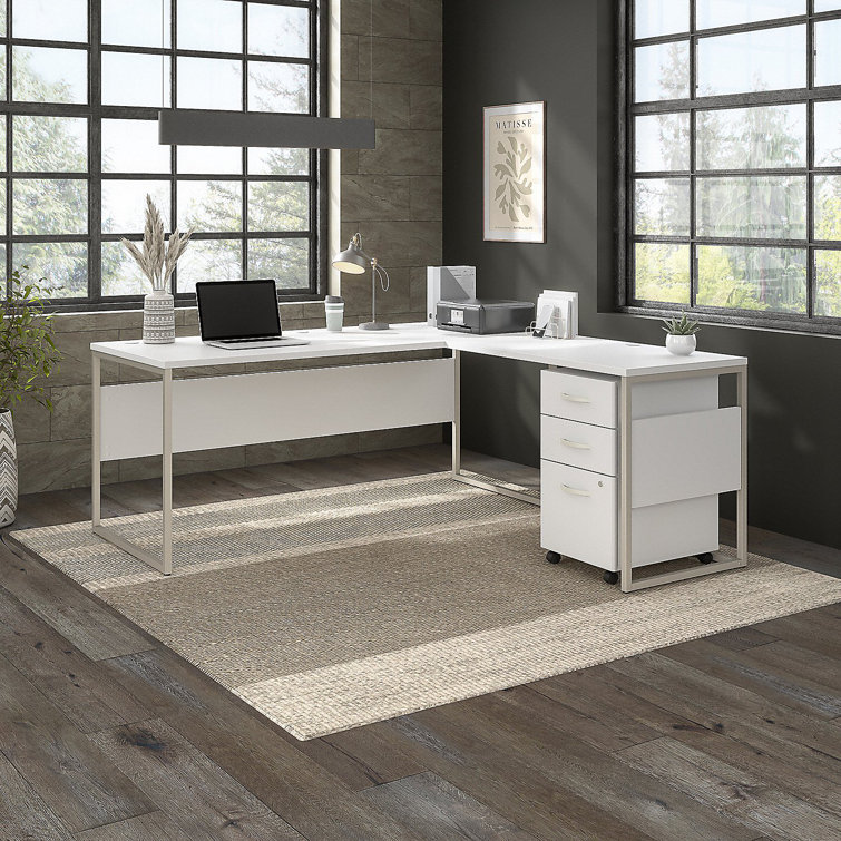 Contemporary 71'' White Corner Office Desk with Metal Legs and Drawer