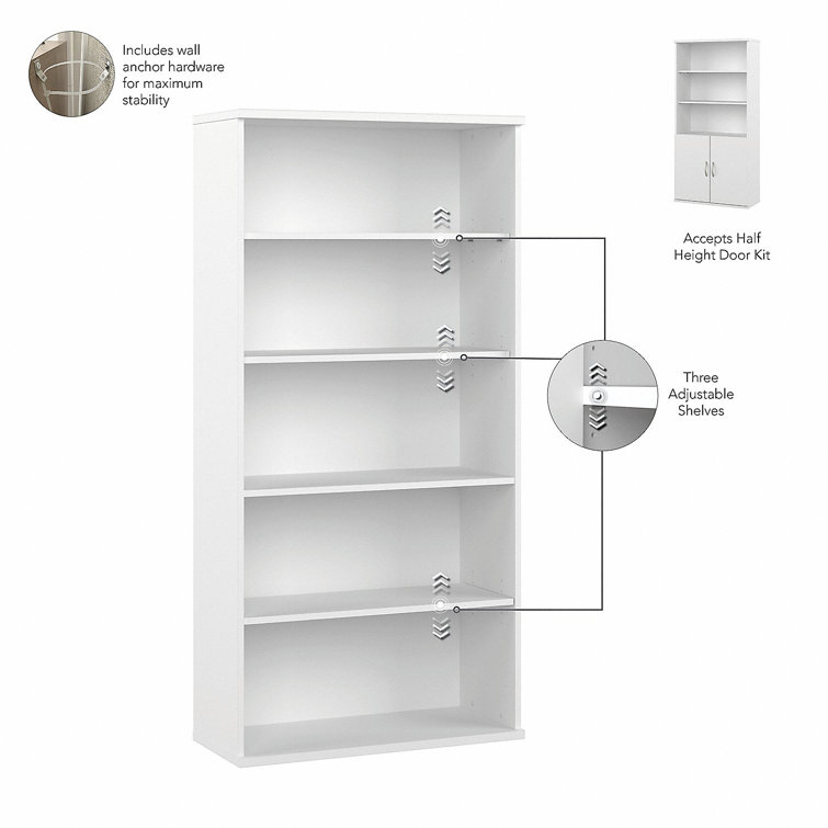 Contemporary White Adjustable 5-Shelf Bookcase - Engineered Wood