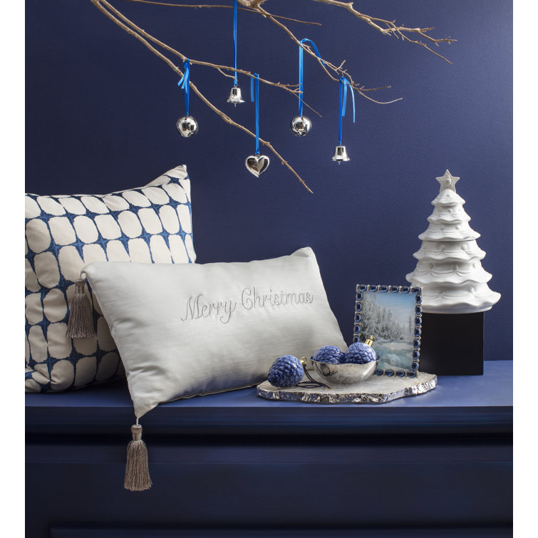 White Embroidered Polyester Lumbar Holiday Pillow with Tassels