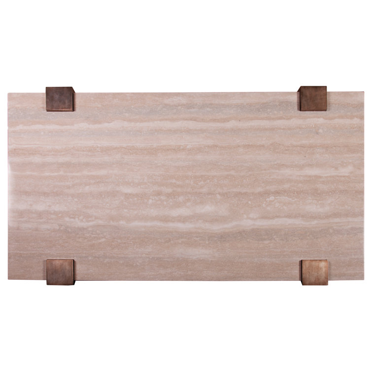 Beige Mahogany and Silver Travertine Rectangular Cocktail Table