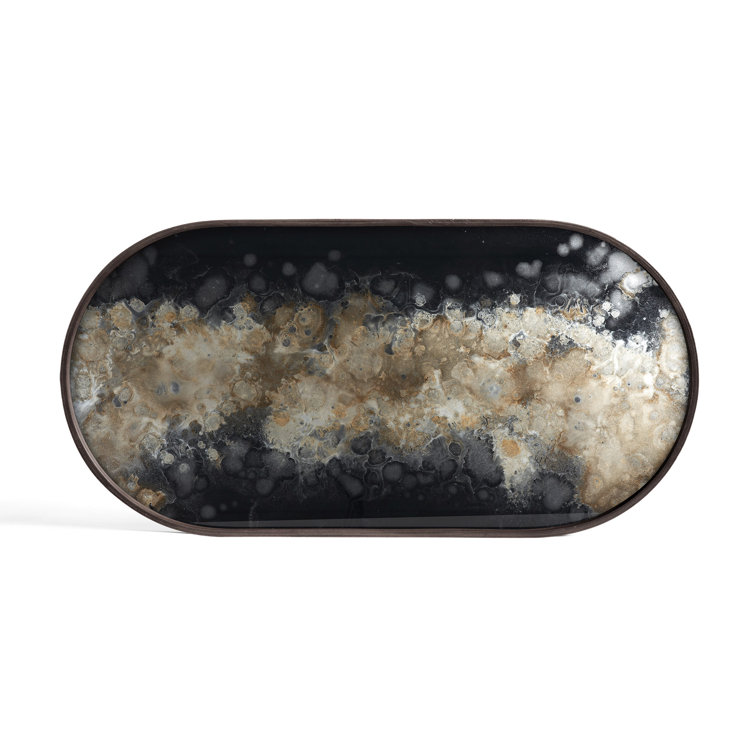 Black and Beige Oval Glass Decorative Tray