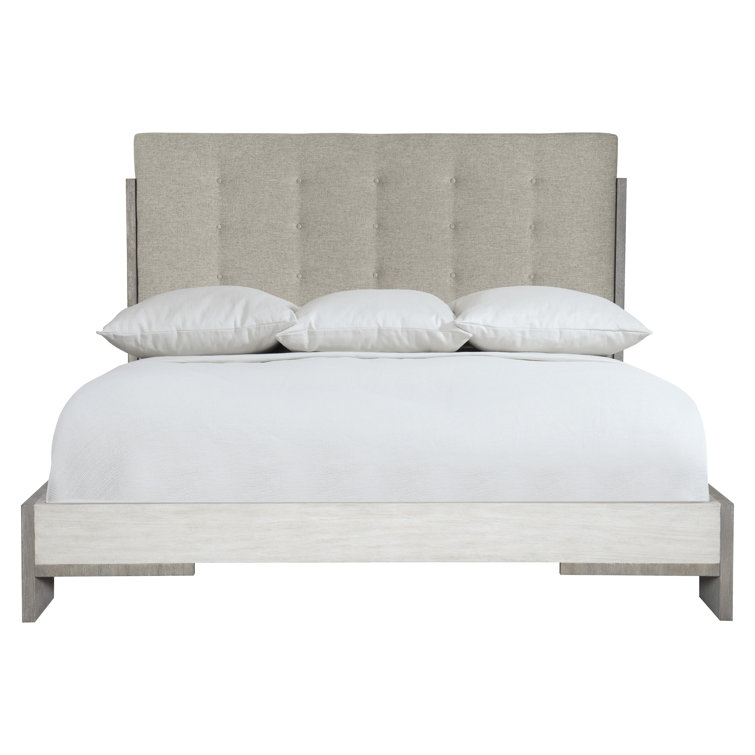 Transitional Gray Linen King Upholstered Bed with Tufted Headboard
