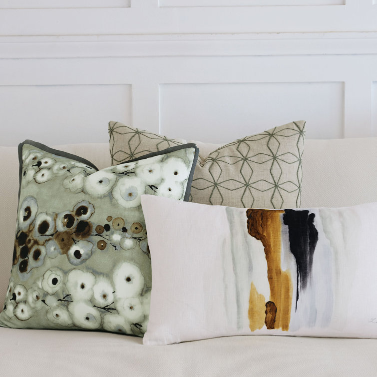 Floral Embroidered Cotton Square Throw Pillow with Feather Fill