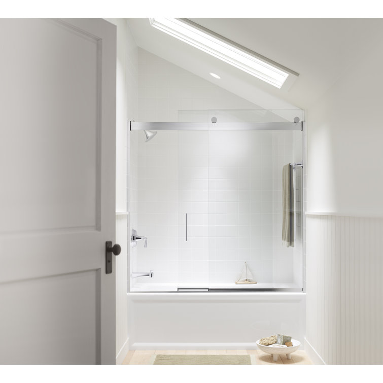 Bright Silver Frameless Sliding Bath Door with Clear Glass