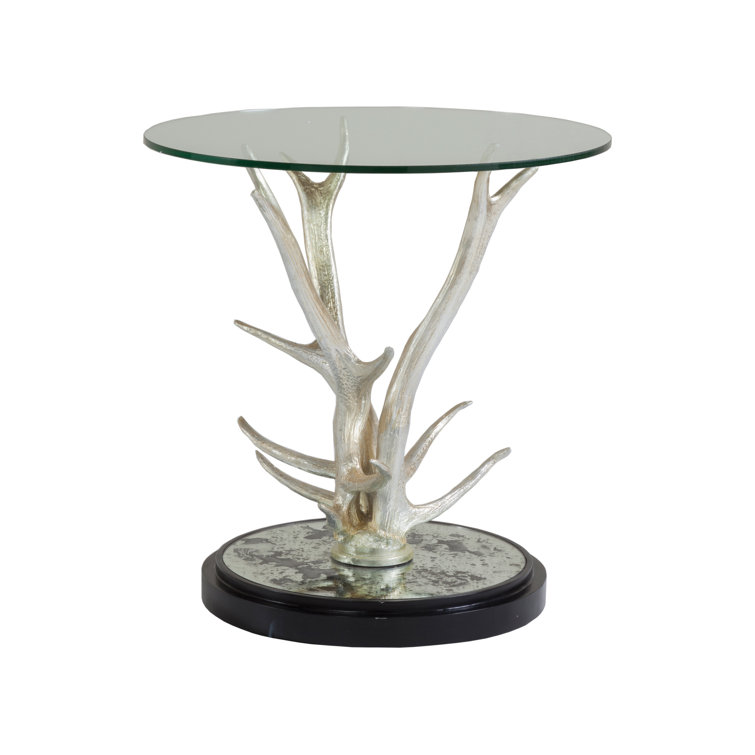 Silver Antler Base Round Glass Top Accent Table
