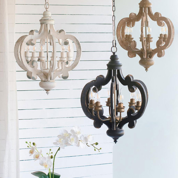 Antiqued White Wood and Metal 6-Light Geometric Chandelier
