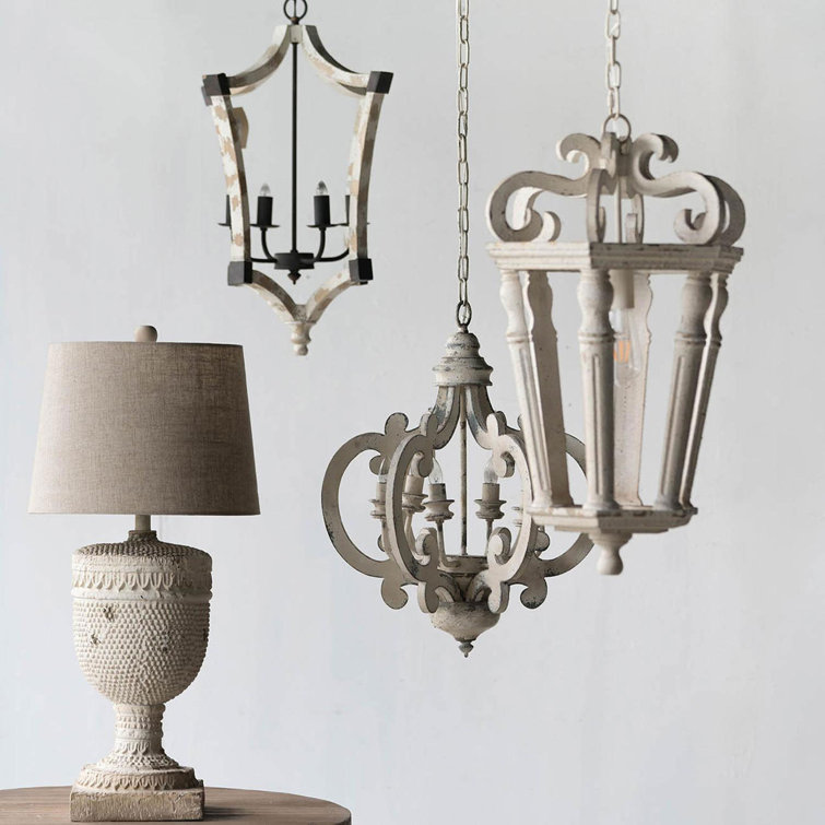 Antiqued White Wood and Metal 6-Light Geometric Chandelier