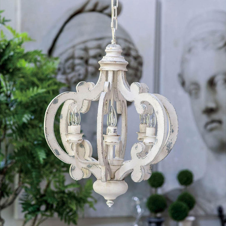 Antiqued White Wood and Metal 6-Light Geometric Chandelier