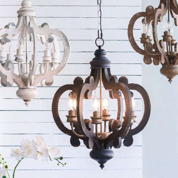 Antiqued White Wood and Metal 6-Light Geometric Chandelier